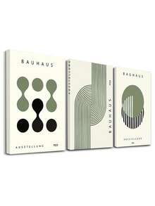 3pcs Canvas Artwork Collection, Framed Prints For Unique Home Decor - Wooden Framed Style Green Bauhaus Decorative Posters, Mid-Century Modern Posters, Geometric Art Prints, Line Art, Sage Green, Wall Arts, Art Prints, Posters, For Living Room, Bedroom, Bathroom, Optional Frame - Multicolor - View 3