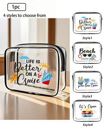Summer Beach Theme Pvc Transparent Cosmetic Bag Toiletry Bag - Cruise Beach Bag Transparent Cosmetic Bag Toiletry Bag Storage Bag Travel Storage Bag, Travel Cosmetic Storage Bag With Zipper Closure, Tropical Design Skincare Essentials, Airplane Friendly Airport Luggage Accessories, Beach Pattern | Shiny Finish, Portable Cosmetic Bag Airport Convenient Cosmetic Bag Beach Items Storage Bag Bathroom Hand Storage Bag Sundry Bag
