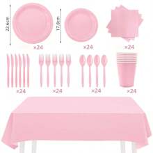 169 pièces Set de couverts rose clair, assiettes jetables, serviettes et gobelets, nappe de 137*274 cm - Pour servir 24 invités pour un anniversaire, un mariage, une fête, un pique-nique en famille, la Fête des Mères ou une remise de diplôme, Vaisselle en papier jetable