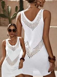 Hohlgeometrie Muster gestrickter Überwurf in großen Größen, Urlaubs Frühling/Sommer Strickkleid für große Größen