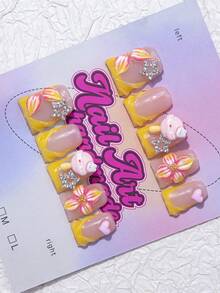 10 件手工 Y2K 指甲鸭嘴按压指甲套装 - 手工制作，粉色指甲，白色法式风格，3D 手工粉色花朵，粉色小花元素设计，闪亮水钻和金色蝴蝶结装饰 - 适合女士和女孩，派对、婚礼、日常佩戴，包含工具包。鸭嘴指甲。夏季指甲。美甲用品 指甲 - 紅白色 - 查看 2