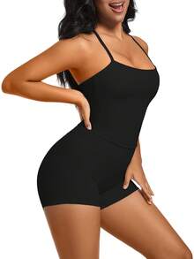 1 Pack Summer Women's Open Back Tracksuit Set Camisole Top High Waist Yoga Shorts Quick Dry Set Is Suitable For Holidays, Travel Work, Sports Wear - 黑色 - 查看 3