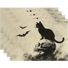 Juego de 1/2/4/6 individuales, estilo de gato negro de Halloween, con patrón de murciélago, tamaño 30x45 centímetros. Los individuales de poliéster de Halloween son adecuados para cocinas/manteles resistentes al calor del hogar, fáciles de limpiar y son accesorios ideales para mesas de cocina del hogar. Son adecuados para reuniones familiares y ocasiones interiores y son la mejor opción para la decoración de Halloween.