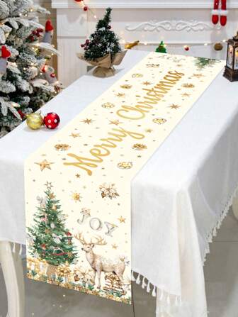 1pc 35*180cm/13.78*70.87inch Christmas Polyester Tablecloth, Christmas Tree, Deer & Snowflake Pattern Table Cover, Fabric Holiday Tablecloth Suitable For Home Dinners, Parties, Restaurants, Living Rooms, Winter Decorations