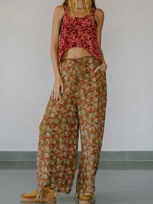 Women Summer Sleeveless Round Neck Tank Tops Vintage Floral Print Asymmetrical Hem Vest Shirts - Màu đỏ tím - Xem 3