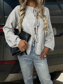 معطف نسائي كاجوال للعمل/المكتب بياقة مستديرة وأكمام طويلة وربطة عنق وكروشيه مزين بالدانتيل، جاكيت شتوية