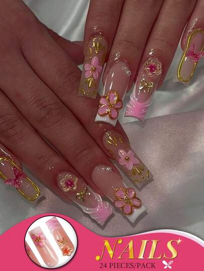 24 piezas de uñas postizas en forma de ataúd largo con degradado rosa nude y lazo dorado, con adornos de flores 3D, mariposas y perlas, de aplicación fácil con pestañas de gelatina e lima de uñas incluidas, de calidad de salón reutilizables, cómodas, con brillo duradero, ideales para fiestas y uso diario