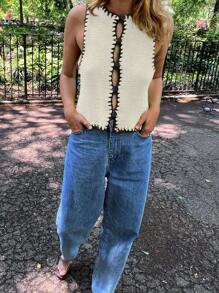 Vivid Style Women's Simple Crew Neck Niche Short Knit Cardigan Sweater Vest Vest, Handmade Sewn Edge Design, Back To School Clothes, Cute Tops Women