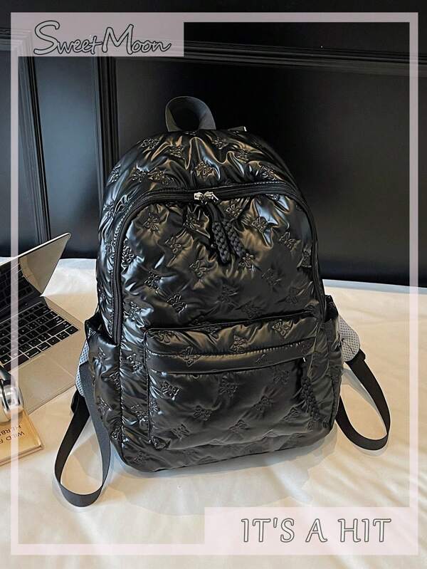 1pc Black Nylon Casual Butterfly Print Large Capacity Foldable Water-Resistant Multi-Pocket Zipper Backpack, Suitable For Daily Use, School, Training, Women's Commute, Outing, Shopping, Travel, Vacation, Gift For Back To School & Graduation Season