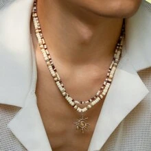 2pcs Coconut Shell Beaded Necklace, Layered Sun Pendant Choker Necklace For Men And Women, High-End Streetwear, Daily Summer Style, Couples Necklace