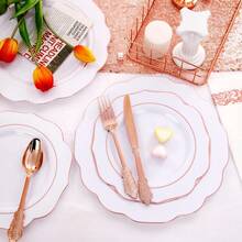 Local Delivery 150 PCS Rose Gold Plastic Plates And Rose Gold Silverware Set - 30 Dinner Plates, 30 Salad Plates, 90 Disposable Rose Gold Utensils For Weddings, Parties, Showers - 玫瑰金 - 查看 2