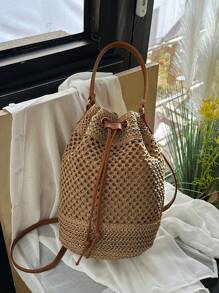 Bolso de playa tipo cubo de estilo boho con cordón, bolso de mano tejido de paja, diseño de nicho de moda, bolso de cubo cruzado versátil para la playa, nuevo modelo 2025