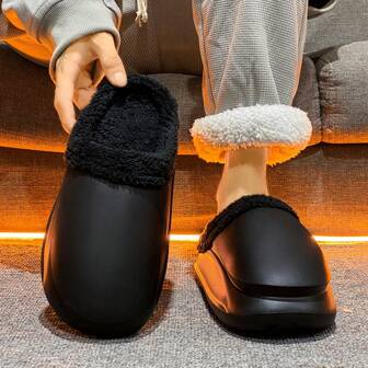 温暖毛绒拖鞋，纯色男士舒适拖鞋，厚底，适合室内/室外使用，时尚休闲家居鞋，情侣拖鞋，黑色系列休闲拖鞋男女通用休闲沙滩凉鞋，适合秋冬季，休闲，居家，健身房，办公室，户外