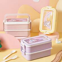 Tupperware Doble Capa Creativa con Cubiertos, Estilo Cartoon, Rectangular, Fácil de Llevar, para Almuerzo, Gran Capacidad - Morado - Ver 7