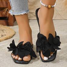 1 双女士时尚花朵印花一脚蹬拖鞋，可爱补丁平底沙滩凉鞋，适合派对、校园、户外、夏季、春季和秋季 - 黑色 - 查看 5