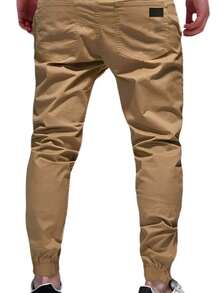Pantalón Jogger Cargo Casual De Twill De Algodón Para Hombre Pantalones cargo con bolsillos y cordones delanteros simples para hombre, para uso casual diario - Caqui - Ver 2