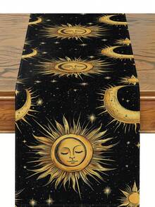1 pieza / 10 piezas Camino de mesa con diseño de luna y sol, estilo moderno, decoración del hogar, material de imitación de lino, 33*91cm/33*183cm/33*274cm, 3 opciones de tamaño, suministros para fiestas, decoración de habitaciones. Adecuado para decoración del hogar y la cocina, y decoración de eventos y fiestas.