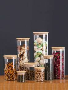 Bộ 4 hộp thủy tinh đựng thực phẩm có nắp tre, lọ thủy tinh trong suốt kín khí đựng trà, gia vị, đậu, dưa chua, có thể rửa bằng máy rửa chén - Hộp đựng mì ống cỡ lớn 1400ml - Trong sáng - Xem 5