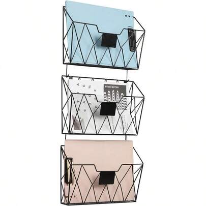 Wall File Organizer For Office Hanging Wall File Holder And Basket Set Of 3 Hanging File Rack With Hooks Metal Wall Storage For Office Living Room Black