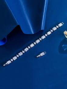 1 件女式闪亮白银镀 CZ 长方形网球链手链，新娘方晶锆石首饰，适合新娘、婚礼、订婚、宴会、派对、伴娘、圣诞节礼物