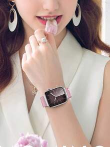 1条时尚米兰尼斯表带，粉色，男女通用，兼容 46mm 49mm 40mm 44mm 45mm 41mm 42mm 38mm Ultra 3/2/1，优质磁性不锈钢金属表带，可替换Series 11 10 9 8 SE 7 6 5 4 3 2 1的表带，无缝磁性表扣设计，可调节米兰尼斯网状表带，时尚智能手表表带，兼容表带 - 粉色 - 查看 5