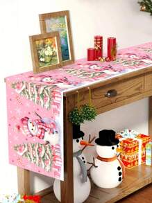 1 pieza Mantel de poliéster rosa de 35 * 180 cm / 13.78 * 70.87 pulgadas, mantel decorativo de muñeco de nieve, decoración de mesa navideña, decoración de mesa para fiesta de Navidad, textil de atmósfera cálida de invierno