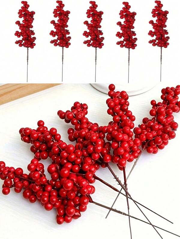 10 piezas/5 piezas/1 pieza - Recoge de bayas rojas artificiales con espino, ramas de bayas rojas artificiales, flores de baya de acebo de espuma artificial, decoraciones navideñas del árbol de Navidad de fruta, manualidades de DIY para fiestas de Navidad, decoración del hogar, arreglos florales de seda, tallo de ramo, DIY corona, decoración de fiesta de Navidad, decoración del hogar