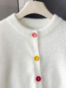 女童休闲纯色纽扣短款人造毛皮针织开衫，适合日常、度假、春季、秋季、冬季 - 白色 - 查看 4