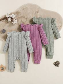 3件套女婴冬季紫色罗纹长袖连体衣套装，含灰色和绿色短袖连体衣，可爱 - 彩色 - 查看 2