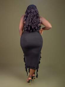 CurvyTilda 加大长款夏季连衣裙 荷叶边饰边褶饰侧边抹胸紧身连衣裙 - 黑色 - 查看 2