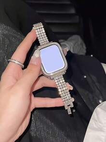 1件時尚奢華女士鑲嵌全鑽AppleWatch錶帶，可調節手鍊式錶帶，相容38/40/41/42/44/45/46/49mm AppleWatch錶帶，適用於Series 11/10/9/8/7/SE/6/5/4/2/1 - 銀色 - 查看 1