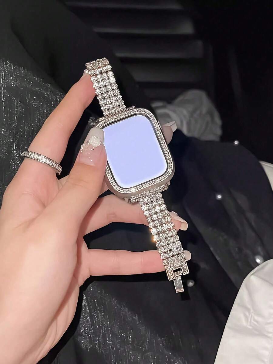 1件時尚奢華女士鑲嵌全鑽AppleWatch錶帶,可調節手鍊式錶帶,相容38/40/41/42/44/45/46/49mm AppleWatch錶帶,適用於Series 11/10/9/8/7/SE/6/5/4/2/1 - 銀色 - 查看 1