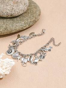 1pc Creative Multi-Element Necklace With Dolphins, Fish Tails, Crabs And Seashells, Faux Pearl Decor, For Women - Antique Silver - View 4