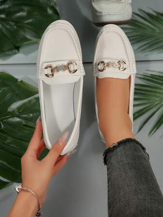Women's Fashion Slip-On Loafers - White, With Gold Chain Decor, Rubber Sole, Comfortable All Season, Multi-Functional Shoes. Fashionable Loafers With Rubber Bottom