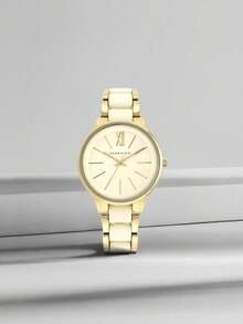 Anne Klein ساعة نسائية بسوار كوارتز من الراتنج مع علبة ذهبية اللون، ساعة نسائية مضادة للماء، ساعة تناظرية، ساعة نسائية دائرية بمينا عاجي مع سوار قابل للتعديل - كاكي - مشاهدة 6