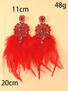 1 对几何红水晶和红色羽毛装饰超大吊坠耳环，个性化夸张耳环，适合表演和宴会 - 金色 - 查看 6