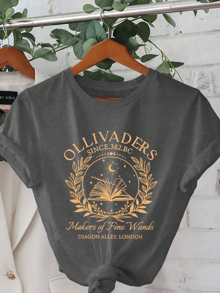 Magic Wand Pattern T-Shirt, Spring/Summer Short-Sleeved Round Neck Casual Top, Women's T-Shirt, Summer Clothes, Summer Vacation Outfits. - Màu xám đen - Xem 1