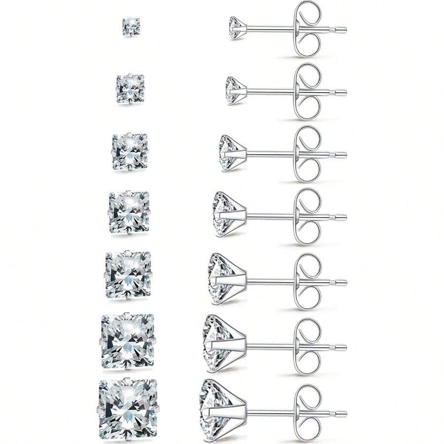 Silver Gold Black Stud Earrings Set 7Pairs Hypoallergenic Cubic Zirconia Titanium Stainless Steel Silver Rose Gold Black CZ Cartilage Stud Earrings Jewelry Sets For Women Men 28mm CZ Studs Earrings - 升級7對閃亮方形耳環套裝 - 查看 1