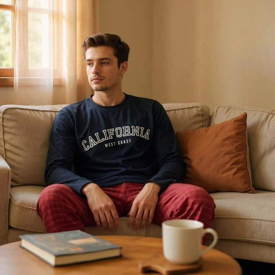 Plaid Pants And Blouse Printed Sleep Set Comfortable Cotton Pajamas For Men - Màu xanh bụi bặm - Xem 1