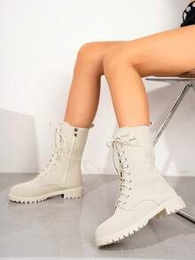 女士时尚百搭系带中筒/踝靴/摩托车靴/靴子，舒适休闲拉链户外靴，适合秋冬季，黑色 - 米色 - 查看 3