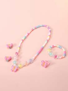 Juego de 5 piezas de collar, pulsera, anillo y aretes con charms de mariposa lindos, adecuado para que las niñas lo usen a diario durante todo el año