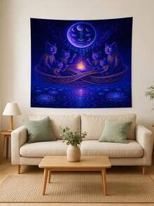 1Pc Mystic Cat Tapestry, Cosmic Cats Wall Art, Spiritual Fire Circle Room Decor,Celestial Feline Tapestry, Moonlit Scene Home Decor,Olyester Fiber Material,For Bedroom,Study,Dormitory,Living Room,Restaurant,Bar,Corridor,Studio,Etc,Frameless