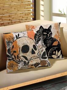 1 pieza Funda de cojín de otoño, estampado bohemio de calabaza fantasma y mapache, tela de poliéster con cremallera, estampado de una sola cara, sin inserto de cojín, decoración del hogar de otoño y Halloween, adecuado para el estilo rústico, patio exterior, sofá, cama, artículos para fiestas
