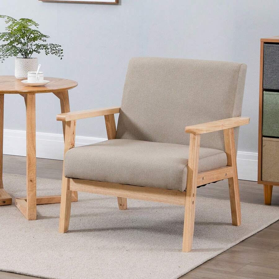 Living Room Single Sofa Chairs Beige, Bedroom Armchairs Modern With Wood Futon Linen Fabric Upholstered Seat Leisure Chairs For Balcony Lounge Home Apartment Office Furniture, Camel - Camel - View 1