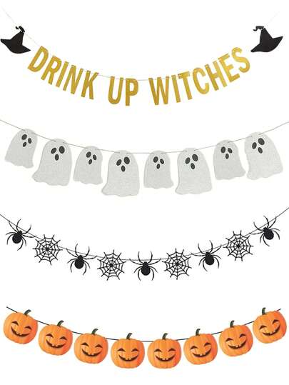 1套万圣节派对装饰南瓜头旗、万圣节女巫拉旗装饰、万圣节蜘蛛拉旗、万圣节鬼魂拉旗装饰，适用于万圣节派对装饰