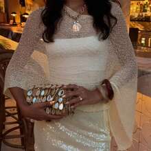 Summer Irregular Knitted Cover-Ups Crop Tops Mesh Poncho Womens Sheer Poncho Shrug Bolero Lightweight Summer Shrug Pullover Sweater Y2k Aesthetic Vintage Boho Beach Vacation Going Out Clothes - 黃色 - 查看 3