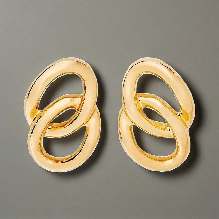 Linear Link Earrings Gold: Hypoallergenic Nickel-Free Metal, Post Closure - Gold - View 1