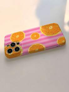 1 pièce Étui de téléphone rigide en fibre de bois perforé, motif de tranche d'orange rayée, style minimaliste et frais pour l'été. Compatible avec 11/12/13/14/15/16 Pro Max. Étanche, antichoc, résistant aux rayures. - Multicolore - Voir 4