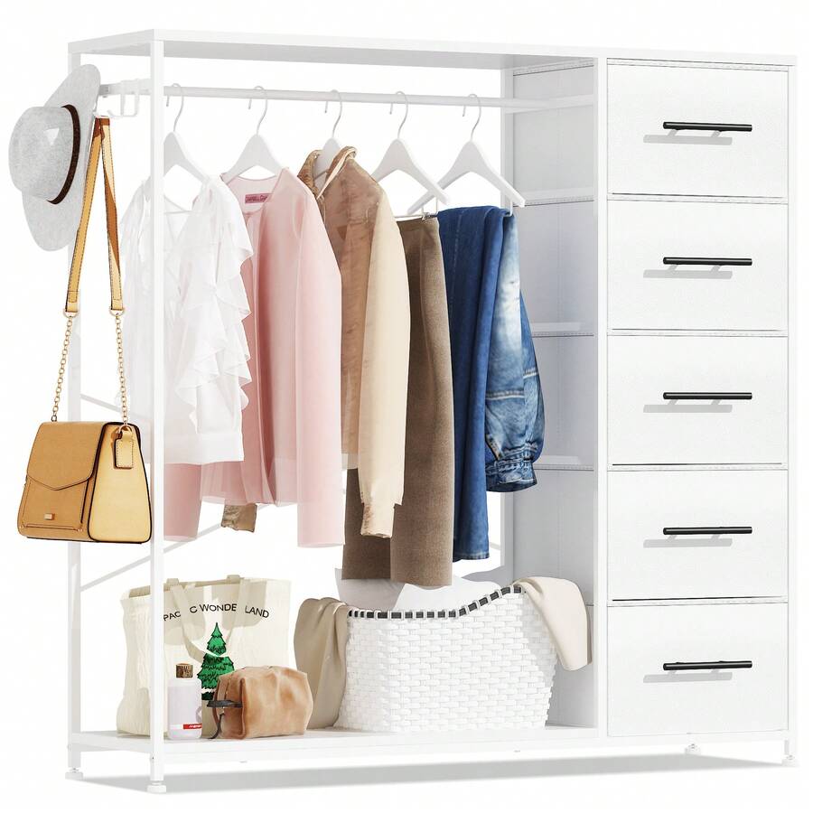 Open Wardrobe For Bedroom, Clothes Rail With 5 Fabric Drawers, Sturdy Clothes Rack, 4 Side Hooks And Metal Frame - 5 ngăn kéo - Xem 1