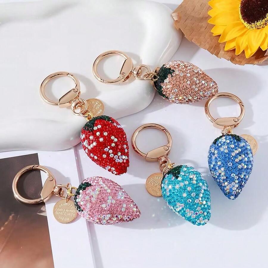 1pc Zinc Alloy Rhinestone Strawberry Fruit Keychain, Suitable For Multi-Occasion Wear Christmas Gift - Light Bulb Strawberry Keychain - View 1